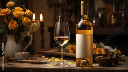 Wallpaper Mural Premium wine bottle mockup. Alcohol wine drink stand on background with wine glass and decorative elements. Beverage product marketing advertisement poster, Ads promo, ad banner. Generative AI Torontodigital.ca