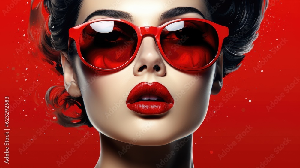 Beautiful woman face with glossy red lips and big sunglasses. AI generative.