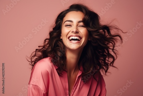 Close up photo of smiling brunette woman. AI generative.