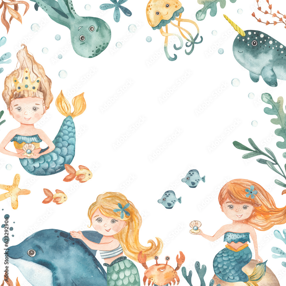 Fototapeta premium Watercolor banner with mermaids, the underwater world is fabulous for cards, invitations