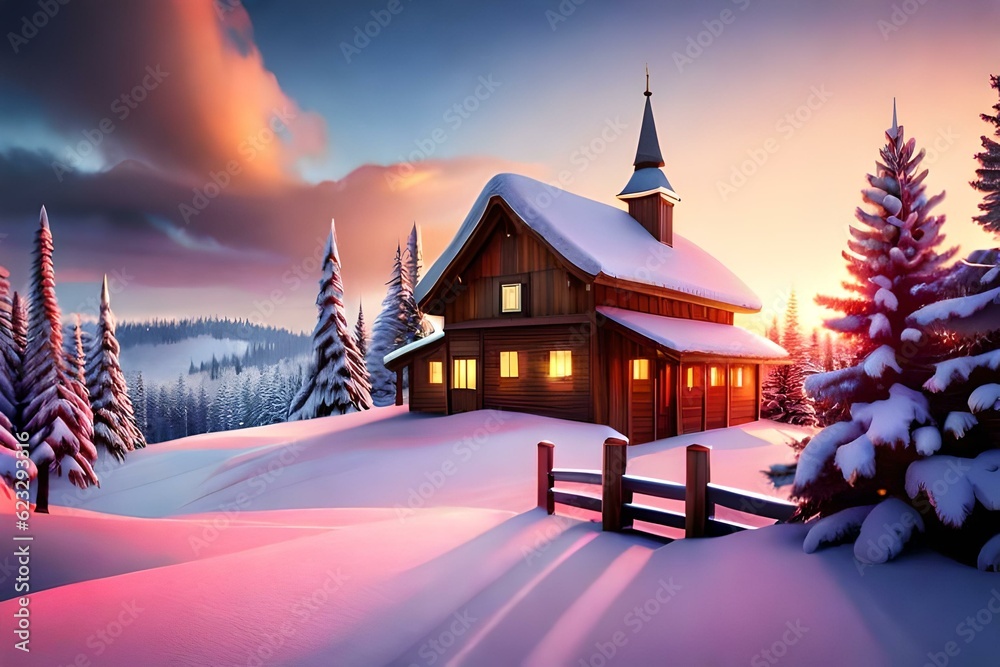 Merry Christmas Backgrounds. Landscape Scenery of Pine Trees and Snow. Artificial intelligence
