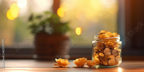 Golden rose flower in jar full of coins. On wooden table with blurred backdrop. Economy concept. Generative AI