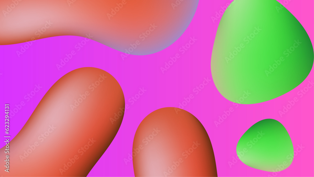 Gradient background with Green pink morphing shapes. Metaball spheres. Morphing colorful blobs. Vector 3d illustration. Abstract 3d background. Liquid colors. Decoration for banner or sign design