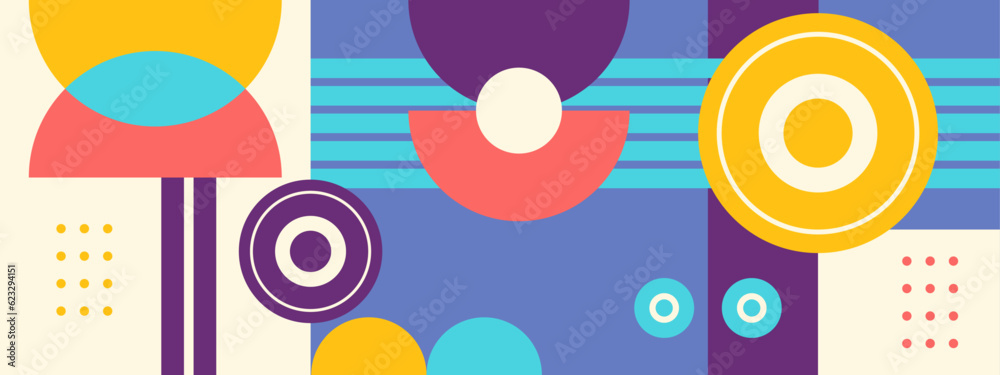 Fototapeta premium Colorful geometric mosaic seamless pattern illustration with creative abstract shapes. Modern Scandinavian style background print. Trendy bright symbols, shape, texture, geometric collage.