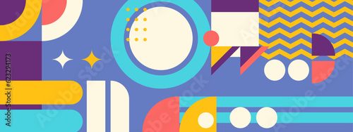 Abstract Geometric Pattern Artwork. Retro colors and color background. Grid with colored geometric shapes. Modern abstract promotional flyer, background, brochure, pattern.