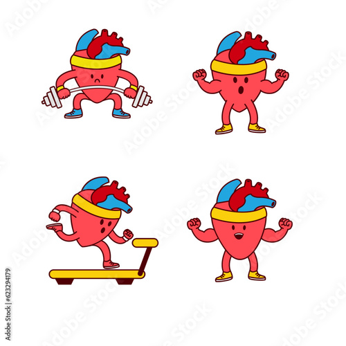 Hearth organ Cute workout mascot illustration set collection