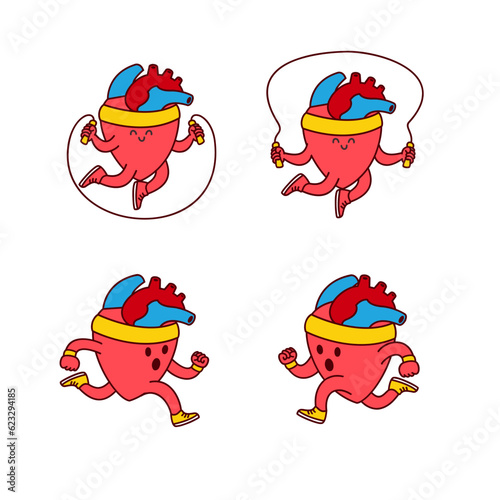 Hearth organ Cute workout mascot illustration set collection