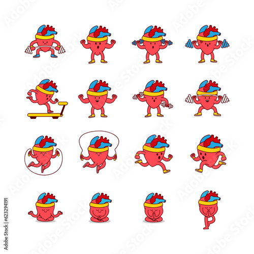 Hearth organ Cute workout mascot illustration set collection