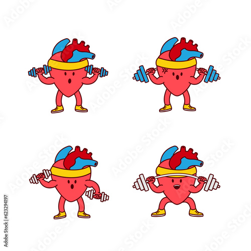 Hearth organ Cute workout mascot illustration set collection