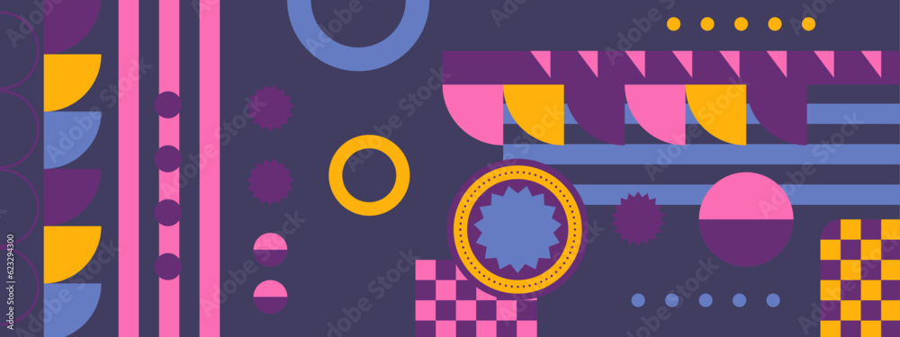 Colorful geometric mosaic seamless pattern illustration with creative abstract shapes. Modern Scandinavian style background print. Trendy bright symbols and shape, texture, geometric collage.
