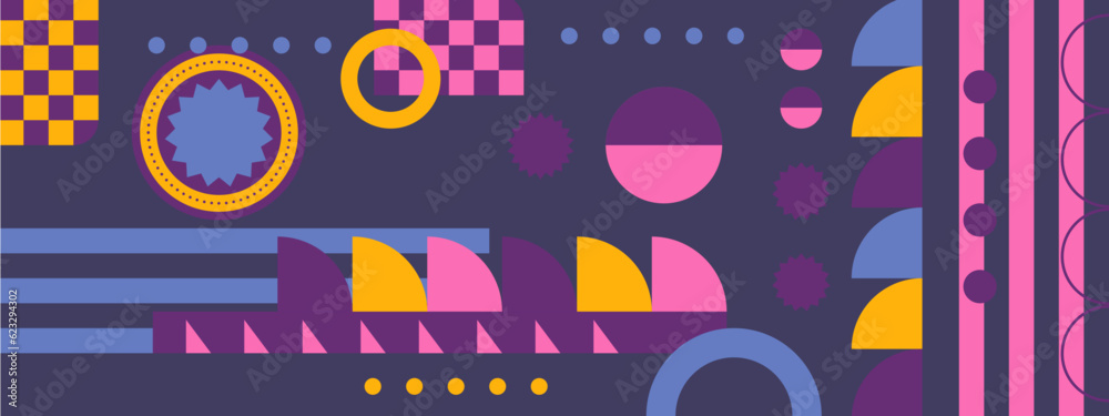 Abstract geometric backgrounds set isolated over white, vector design elements in retro style of the 70s, modern modular compositions with colorful geometrical shapes.