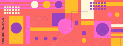Abstract Geometric Pattern Artwork. Retro colors and color background. Grid with colored geometric shapes. Modern abstract promotional flyer, background, brochure, pattern.