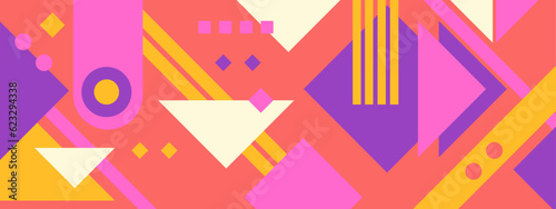 Abstract Geometric Pattern Artwork. Retro colors and color background. Grid with colored geometric shapes. Modern abstract promotional flyer, background, brochure, pattern.