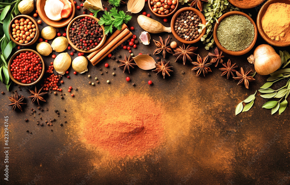 Spices and herbs in wooden bowls. Food and cuisine ingredients Spices and herbs in wooden bowls. Food and cuisine ingredients
