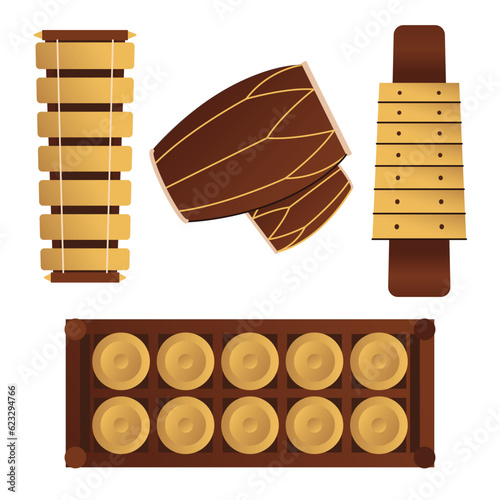 Vector set of traditional percussion musical instruments in the flat style. Various classical orchestral musical instruments. Indonesian musical instruments.