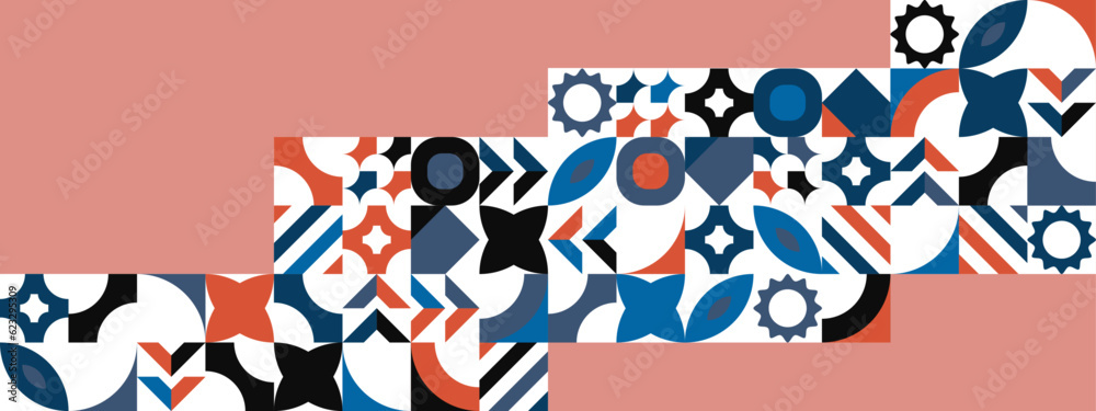 Fototapeta premium Abstract Geometric Pattern Artwork. Retro colors and color background. Grid with colored geometric shapes. Modern abstract promotional flyer, background, brochure, pattern.