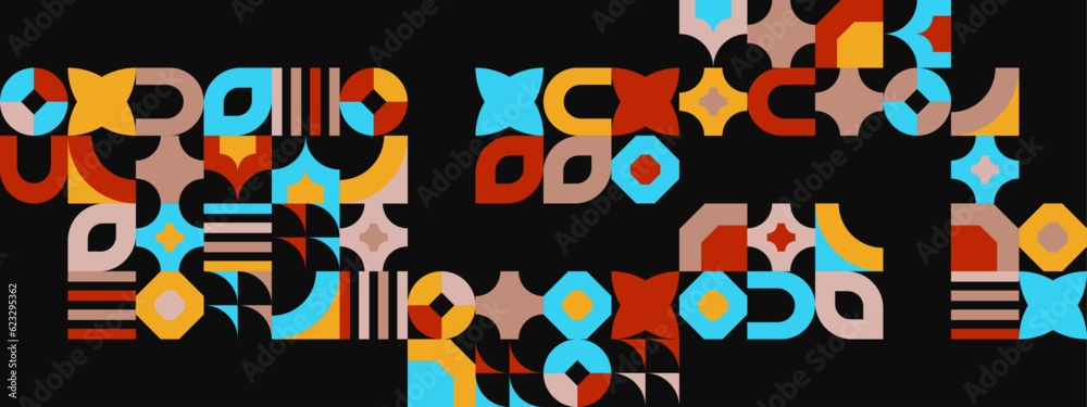 Obraz premium Abstract geometric backgrounds set isolated over brown, vector design elements in retro style of the 70s, modern modular compositions with colorful geometrical shapes.