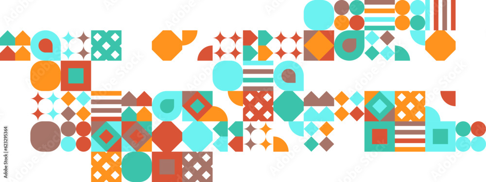 Fototapeta premium Colorful geometric mosaic seamless pattern illustration with creative abstract shapes. Modern Scandinavian style background print. Trendy bright minimalist shape, texture, geometric collage.
