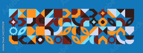 Abstract Geometric Pattern Artwork. Retro colors and color background. Grid with colored geometric shapes. Modern abstract promotional flyer, background, brochure, pattern.
