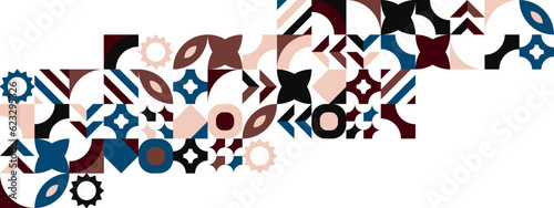 Abstract Geometric Pattern Artwork. Retro colors and color background. Grid with colored geometric shapes. Modern abstract promotional flyer, background, brochure, pattern.