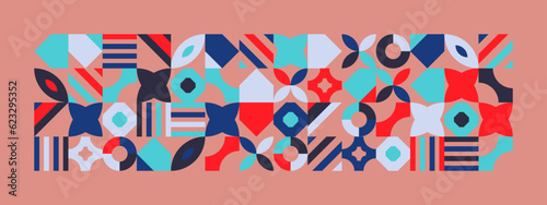 Abstract Geometric Pattern Artwork. Retro colors and color background. Grid with colored geometric shapes. Modern abstract promotional flyer, background, brochure, pattern.