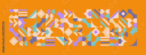 Abstract Geometric Pattern Artwork. Retro colors and color background. Grid with colored geometric shapes. Modern abstract promotional flyer, background, brochure, pattern.