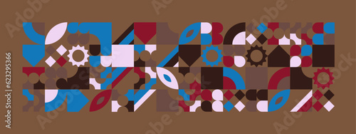 Abstract Geometric Pattern Artwork. Retro colors and color background. Grid with colored geometric shapes. Modern abstract promotional flyer, background, brochure, pattern.