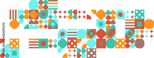 Abstract Geometric Pattern Artwork. Retro colors and color background. Grid with colored geometric shapes. Modern abstract promotional flyer, background, brochure, pattern.