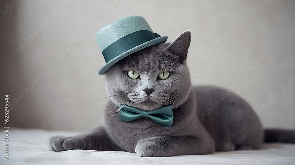 Naklejka premium Elegant Feline: Grey cat wearing green fedora and blue bow tie, isolated on white with soft shadows, elegant and refined, generative AI