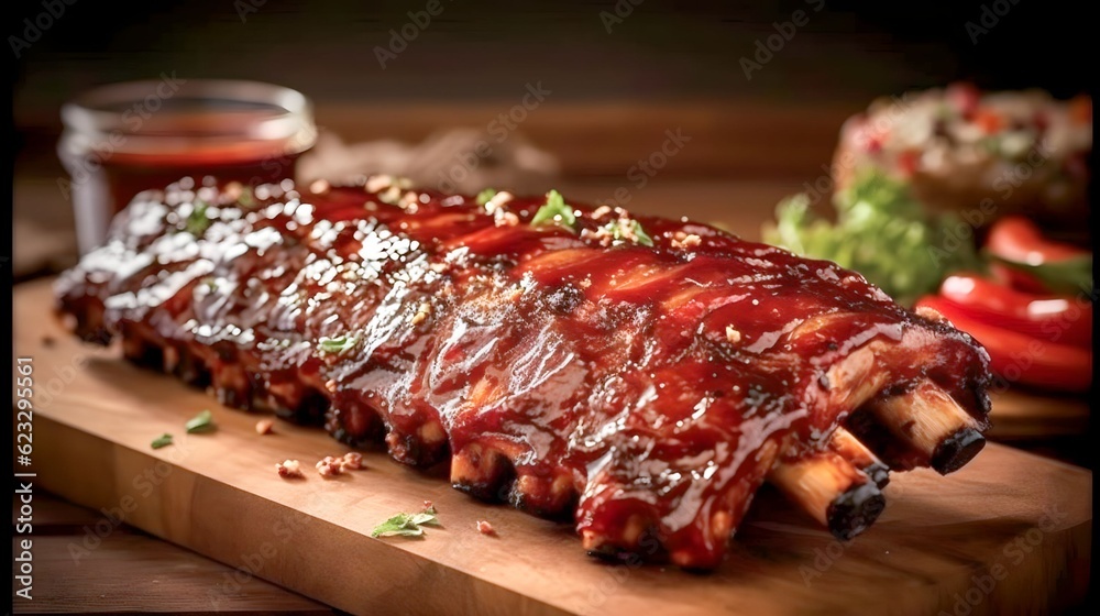 Barbeque grilled ribs with bbq sauce, cole slaw and macaroni and cheese