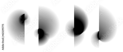 Abstract curved spiky elements set. Radial spiral spokes objects collection. Thin thorn semicircle shapes and angular sunburst bundle for posters, collages, decoration. Vector black futuristic pack