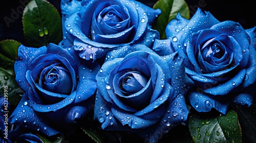 Blue Roses flowers with water drops background. Closeup of blossom with glistening droplets. Generative AI