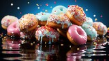 Various decorated doughnuts in motion falling on blue background