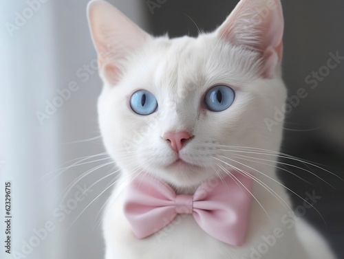 Purrfectly pretty: White cat with blue eyes and pink bow, close-up shot, isolated on white, generative AI © Jose