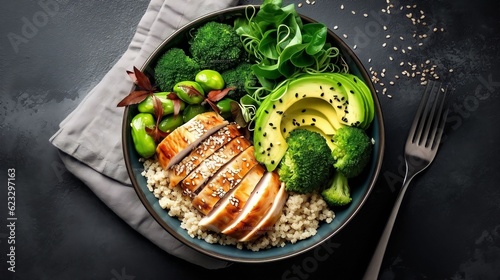 Healthy buddha bowl lunch with grilled chicken, quinoa, spinach, avocado, brussels sprouts, broccoli, red beans with sesame seeds. Top view photo