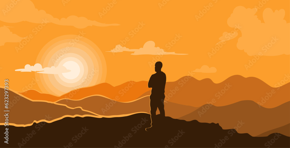 illustration of a mountain view in the evening with a sunset and a man enjoying the natural scenery