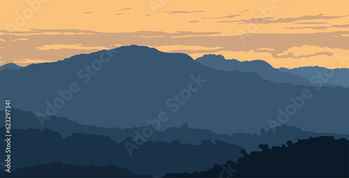 Vector landscape with silhouette of mountains, with sunrise or sunset sky and lens flare