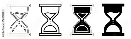 Black and white illustration of a hourglass. Hourglass icon collection with line. Stock vector illustration.