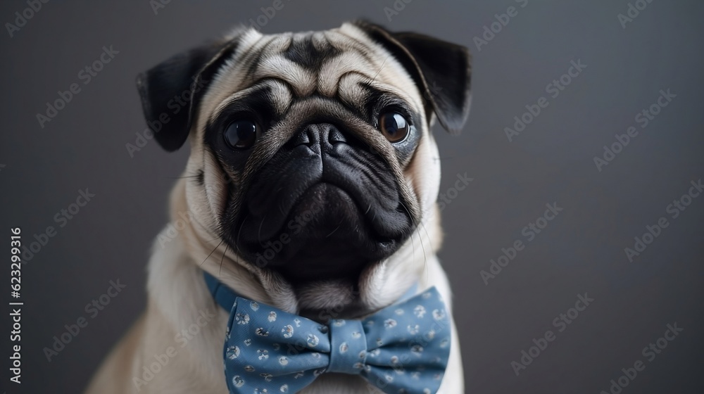 Sophisticated Pooch: Pug in round glasses and blue bow tie, sitting upright on white background, generative AI