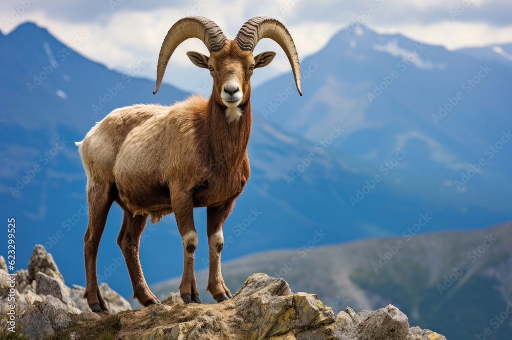 Mountain wild argali on the top of a rock against the backdrop of a mountain landscape