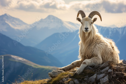 Mountain wild argali on the top of a rock against the backdrop of a mountain landscape © Veniamin Kraskov