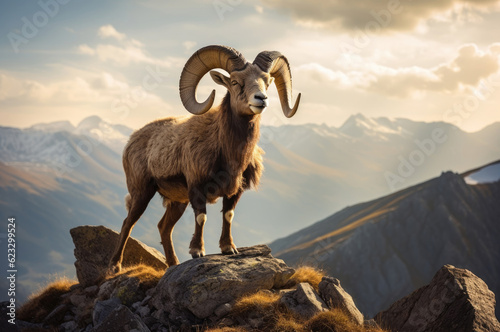Mountain wild argali on the top of a rock against the backdrop of a mountain landscape