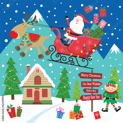 christmas card with santa claus, sleigh, reindeer and reindeer