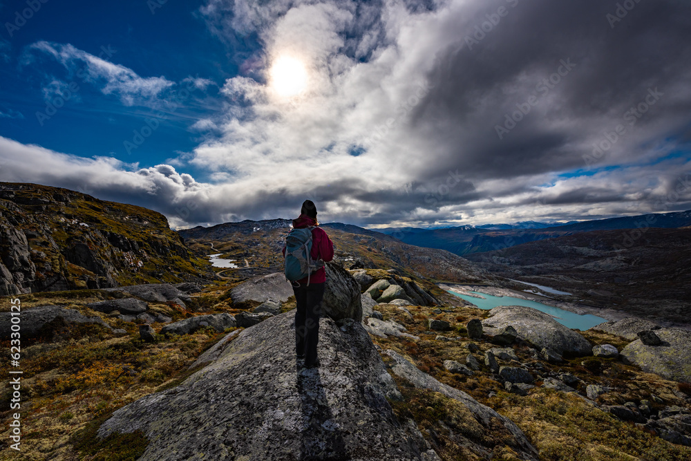 Visiting Norway Hiker admires Skalavatnet Lake Suldal, Norway