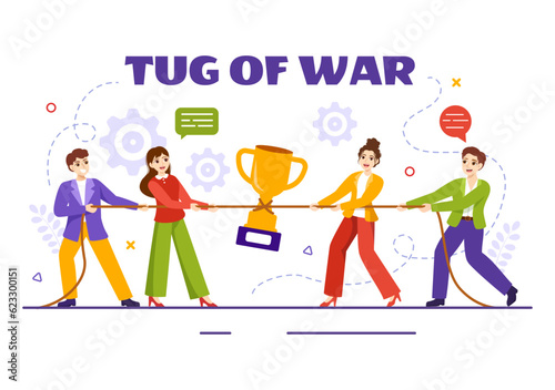 Tug of war Vector Illustration with People Pulling Opposite Ends of Rope on Business Competition in Flat Cartoon Hand Drawn Background Templates