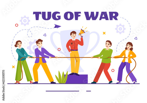Tug of war Vector Illustration with People Pulling Opposite Ends of Rope on Business Competition in Flat Cartoon Hand Drawn Background Templates