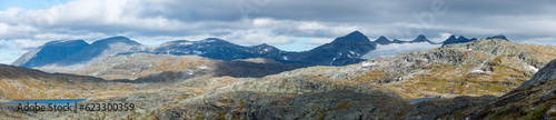 View from Sognefjell road near Mefjellet Rest Stop Aerial Panorama