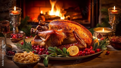 Traditional grilled turkey on a festive table against the backdrop of a Christmas tree