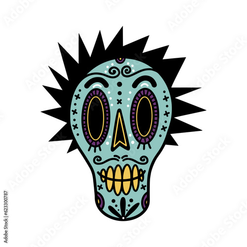 Funny sugar skull vector icon. Festive mask of a Mexican punk with mohawk and gold teeth. Sketch for the day of the dead, Dia de Muertos. Isolated cartoon clipart, cool teen head. For posters, print