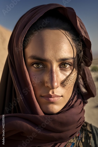 Photorealistic close up portrait of an Afghan women in war torn Afganistan. Generative AI. photo